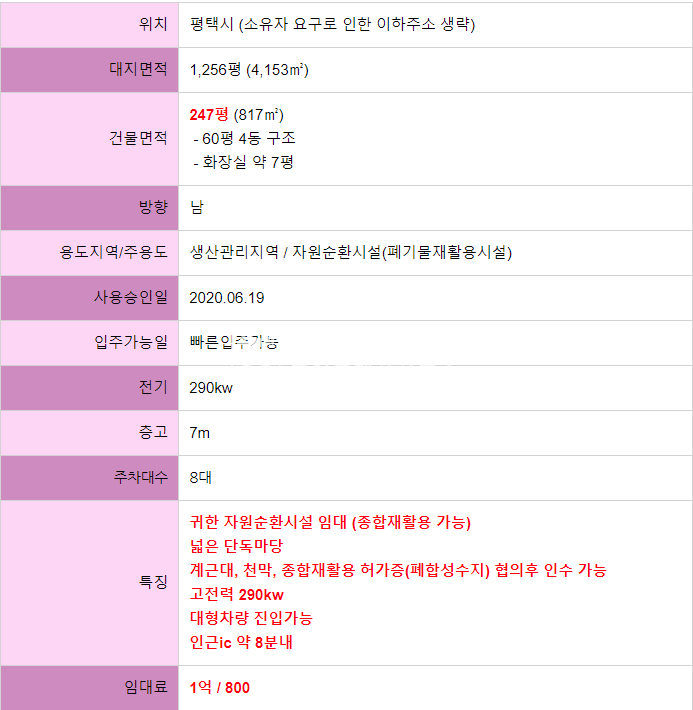 경기 평택시 오성면 부지1,256평/건물247평/귀한자원순환시설임대/종합재활용가능/전력290kw 월세 매물번호 10388 사진 2