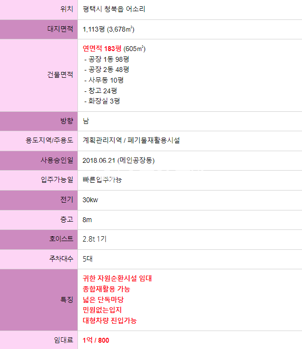 경기 평택시 청북읍 어소리 부지1,113평/건물183평/귀한자원순환시설임대/종합재활용가능 월세 매물번호 10491 사진 2